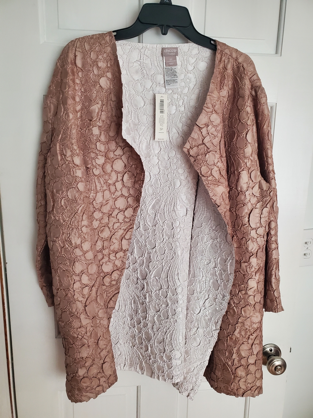 Chico's GOLD COPPER AND WHITE REVERSABLE Textured Open Front Jacket